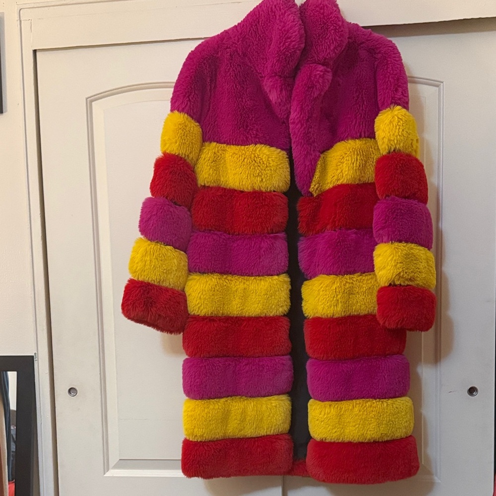 Chic Fun Colorblock Faux Fur Coat in Pink, Yellow & Red